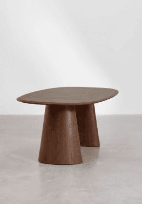 A modern dining table with an oval, elongated tabletop and two solid, curved pedestal legs. The legs are wider at the base and taper upwards to connect to the underside of the tabletop. The surface of the tabletop appears to be smooth with a visible wood grain pattern. — 3D model