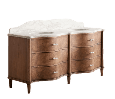 A double vanity dressing table featuring a marble top with two integrated sinks and a curved backsplash. The base is constructed from wood with a rich, burl veneer finish. It has a serpentine front and is supported by four tapered legs. The unit is equipped with six drawers, arranged in two columns of three, each with decorative white and gold pull hardware. The overall style evokes a classic or traditional aesthetic. — 3D model