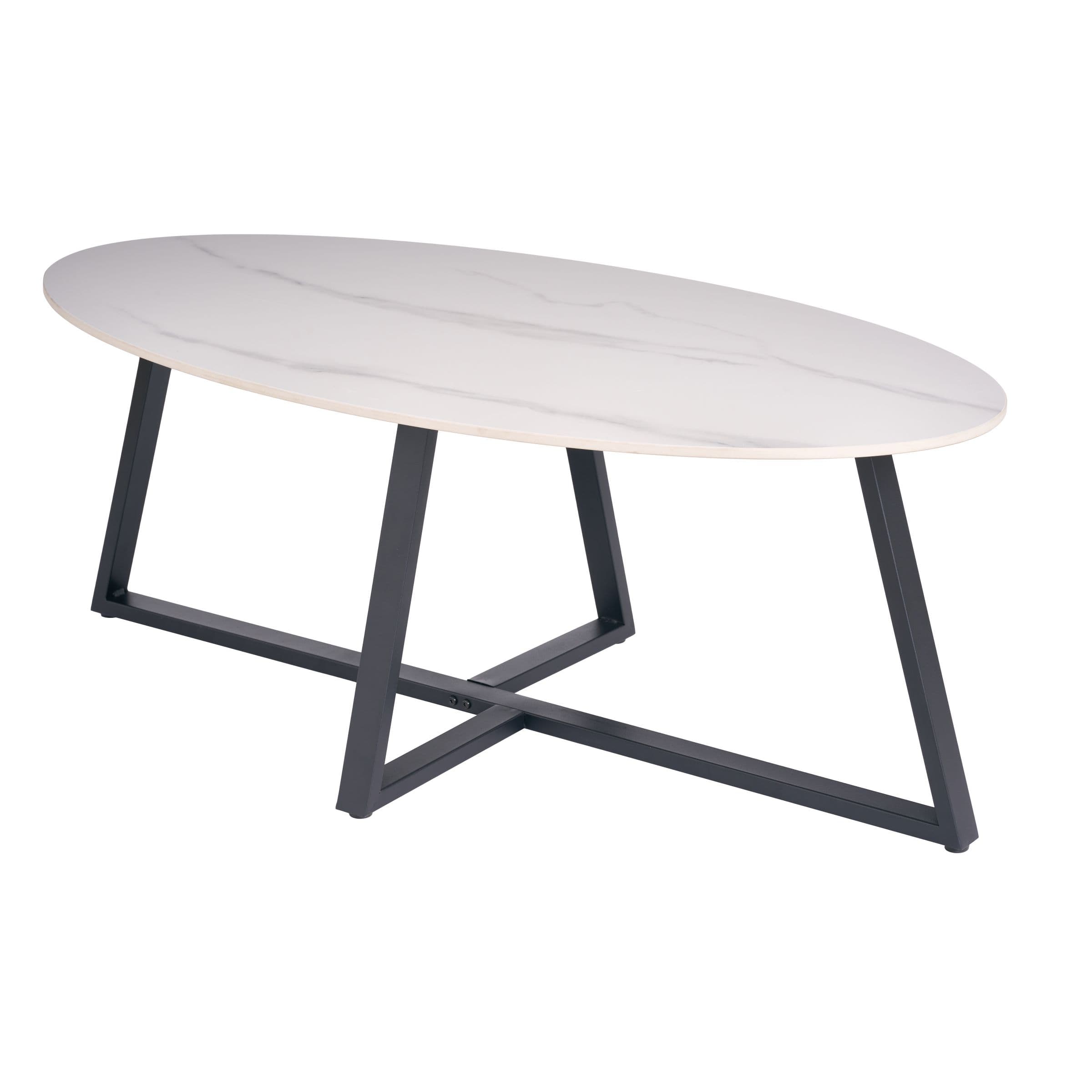 An oval coffee table featuring a white top with a grey faux marble pattern, supported by a matte black metal base. The base is constructed from rectangular metal tubing, forming an X-shape structure with two angled supports on each side. — 3D model