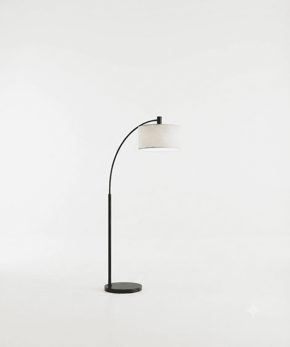 A modern arc floor lamp featuring a slender, curved black metal arm extending from a circular base, topped with a cylindrical light-colored fabric drum shade. The design is minimalist and contemporary. — 3D model