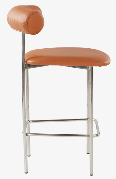 A modern bar stool featuring a square upholstered seat and a curved, cylindrical backrest, both covered in tan leather. The seat and back are supported by a sleek frame constructed from polished chrome tubular metal, which also forms an integrated square footrest for comfort. — 3D model