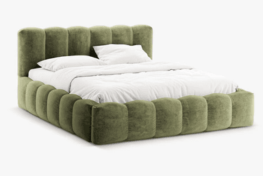 An olive green velvet upholstered platform bed featuring a distinctive scalloped design on both the headboard and the frame. The entire bed structure, including the low-profile base, is covered in soft, textured velvet, presenting a modern and plush aesthetic. It includes a white mattress and bedding. — 3D model