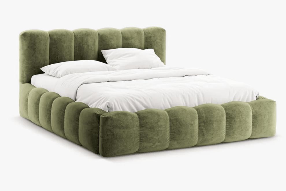 An olive green velvet upholstered platform bed featuring a distinctive scalloped design on both the headboard and the frame. The entire bed structure, including the low-profile base, is covered in soft, textured velvet, presenting a modern and plush aesthetic. It includes a white mattress and bedding. — 3D model