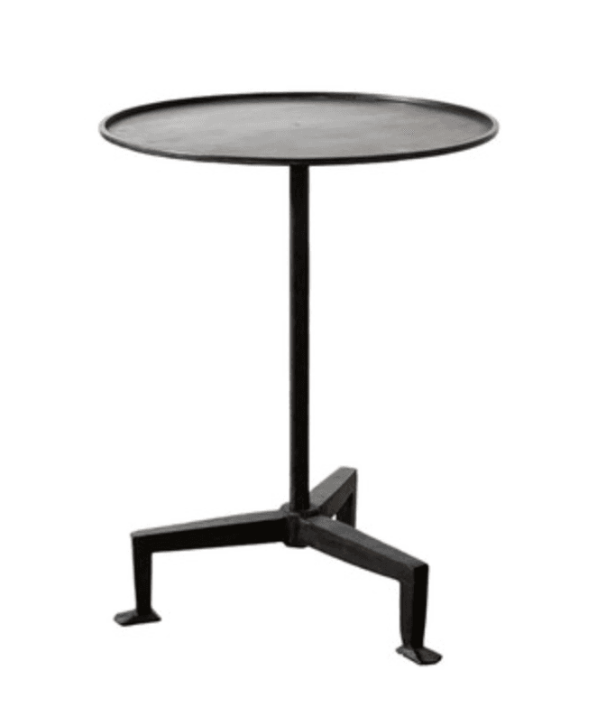 A minimalist side table featuring a circular, slightly dished top supported by a single central column. The column is anchored by a tripod base with three angular legs that end in flat feet. The overall design is stark and modern, with visible welds at the base. — 3D model