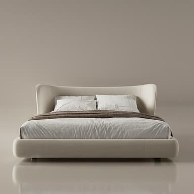 A contemporary upholstered platform bed featuring a low-profile frame and an integrated, gently curved headboard. The entire structure is covered in a light, neutral-toned fabric, giving it a soft and inviting appearance. — 3D model