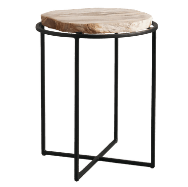 A circular side table featuring a natural wood slice top with visible grain and organic edge detail, supported by a slender black metal frame. The frame consists of four vertical legs connected by a circular rim around the top and a decorative X-shaped crossbar near the base. — 3D model