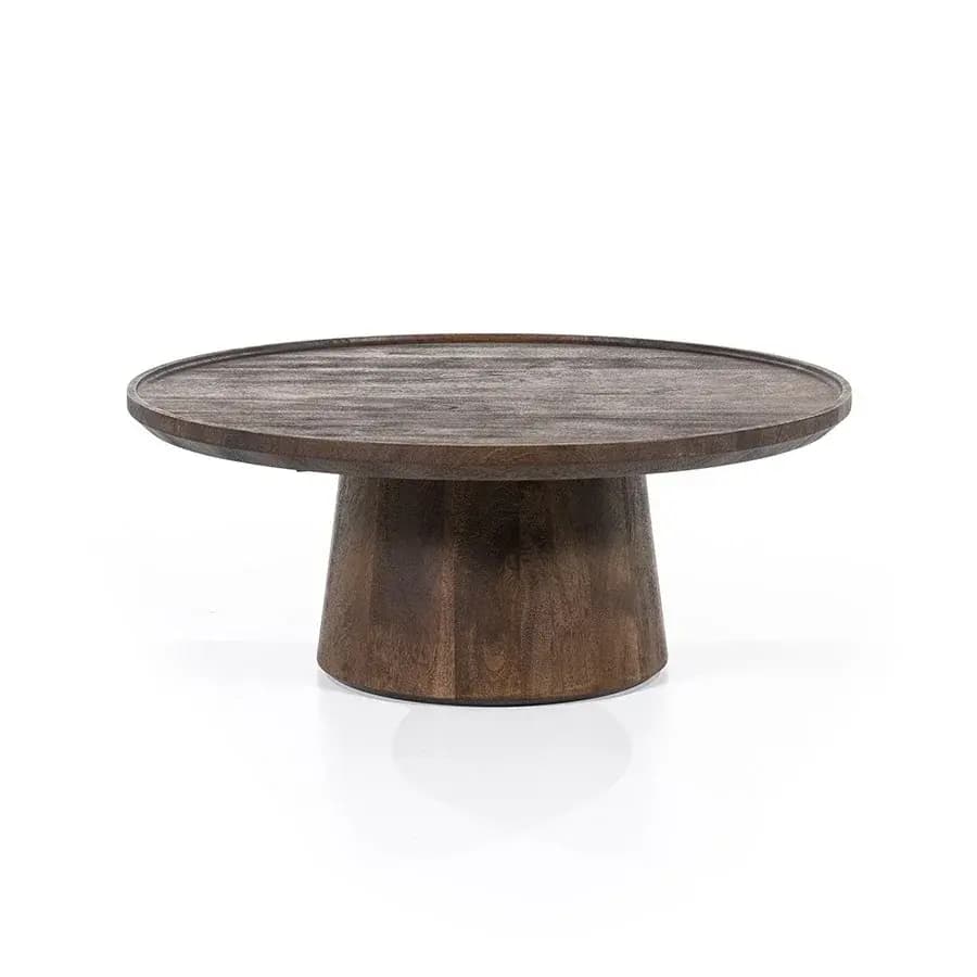 A round wooden coffee table featuring a solid, tapered drum-style pedestal base and a circular top with a subtle raised edge, creating a tray-like surface. The wood exhibits a dark, rich brown finish that highlights its natural grain. — 3D model