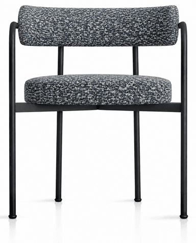 An armless contemporary dining chair featuring a black tubular metal frame and upholstered seat and back cushions in a speckled blue and grey fabric. — 3D model