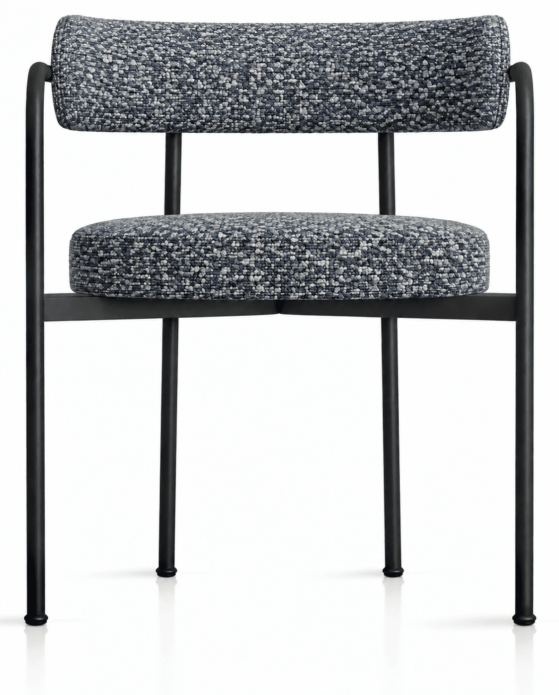 An armless contemporary dining chair featuring a black tubular metal frame and upholstered seat and back cushions in a speckled blue and grey fabric. — 3D model
