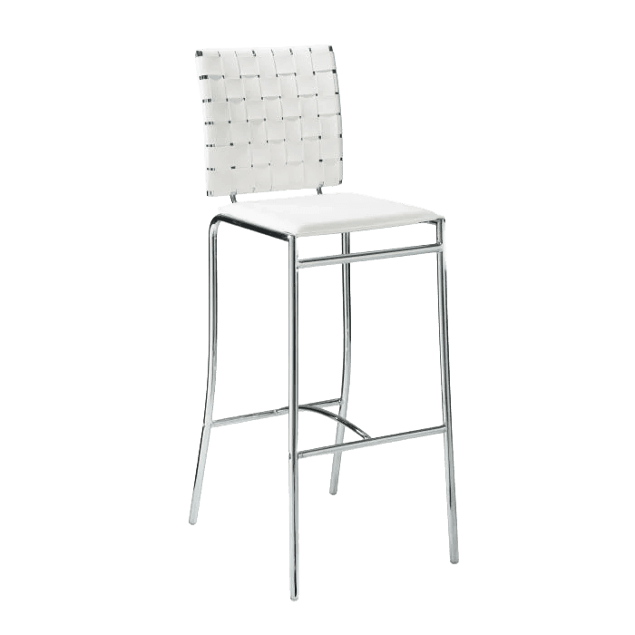 A contemporary bar stool with a woven backrest and a cushioned seat. The frame is constructed from polished metal, providing a sleek and modern aesthetic. The seat and backrest are upholstered in white material, likely leather or a synthetic equivalent. The backrest features a woven pattern of white straps. — 3D model