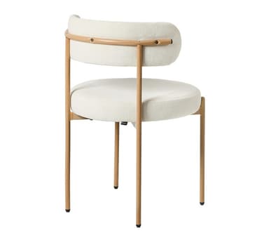 A contemporary accent chair featuring a boucle upholstered seat and backrest, supported by slender, light-colored wooden legs. The chair has a minimalist design with a gently curved back and a round seat, embodying a soft, inviting aesthetic. The contrasting textures of the plush boucle fabric and the smooth wood create visual interest. Its slender profile and neutral color palette make it a versatile addition to various interior settings. — 3D model