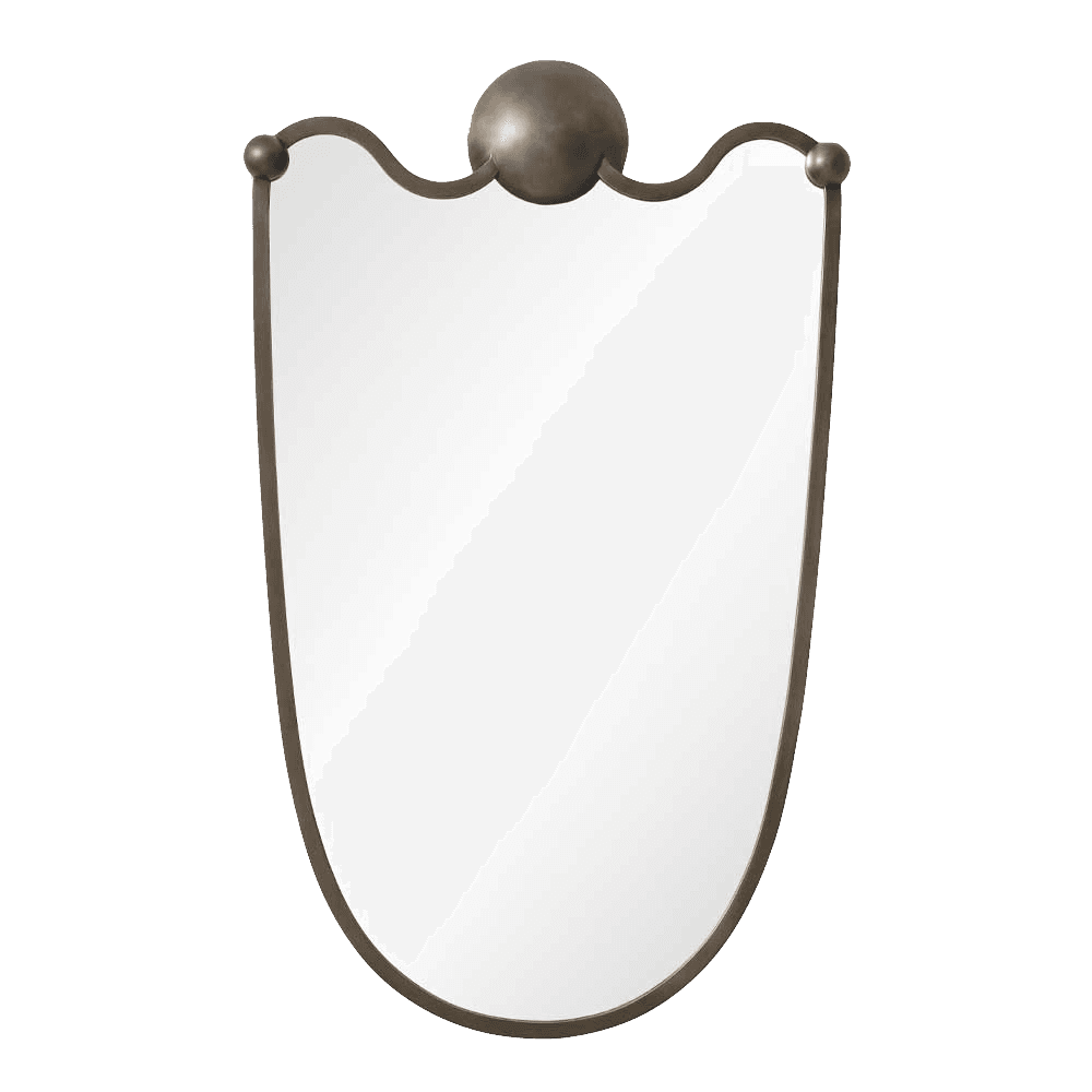 A decorative wall mirror with a metallic frame. The frame has a curved top with a central spherical accent and smaller spheres at the edges. The mirror itself is shaped like an inverted shield with rounded corners. — 3D model