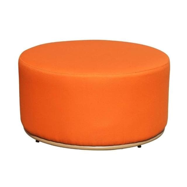 A cylindrical ottoman with a soft, upholstered top and sides, covered in vibrant orange fabric. The base appears to be made of a light-colored material, possibly wood or laminate, with a subtle rim visible at the bottom. Small, dark feet are present at the base, providing elevation. — 3D model