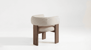 A modern upholstered armchair featuring a continuous, rounded backrest and armrests, supported by a dark wood frame with sturdy, rectangular legs. — 3D model