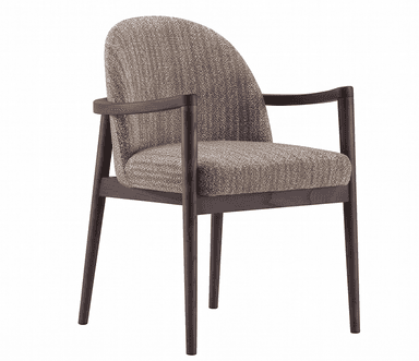 An armchair featuring a contemporary design with a dark wooden frame and upholstered in a light brown, textured fabric. The frame forms a continuous, curved shape that encompasses the backrest and extends into integrated armrests. The seat and the inner part of the backrest are upholstered, providing a comfortable seating surface. The fabric appears to be a durable woven textile with variations in tone, creating a speckled or tweed-like effect. — 3D model