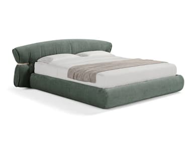 A contemporary upholstered bed frame with a generously padded, curved headboard. The headboard features a distinctive gathered design secured by a light-colored band on each side, creating a soft, voluminous appearance. The bed base is also upholstered and features rounded corners, contributing to its modern and plush aesthetic. — 3D model