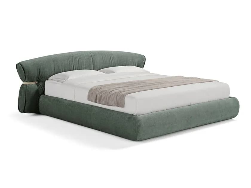 A contemporary upholstered bed frame with a generously padded, curved headboard. The headboard features a distinctive gathered design secured by a light-colored band on each side, creating a soft, voluminous appearance. The bed base is also upholstered and features rounded corners, contributing to its modern and plush aesthetic. — 3D model