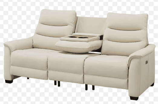 A cream-colored three-seater power reclining sofa with a drop-down console table in the center. The sofa features individual reclining mechanisms for each seat, upholstered in a light-toned material, likely leather or faux leather. The center console includes two cup holders and a flat surface, suitable for holding beverages and small items. Each seat has a plush, segmented backrest designed for comfort and ergonomic support, and rolled armrests with visible power control buttons on the outer sides. The sofa rests on short, dark-colored block feet at the ends and additional support legs beneath the reclining sections. — 3D model