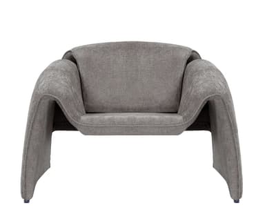 A contemporary armchair with a sculpted, flowing design. The chair features a deep, comfortable seat and a high back that curves into integrated armrests. The base is formed by two substantial, curved legs that extend from the seat structure, providing a unique silhouette. The upholstery appears to be a textured fabric. — 3D model