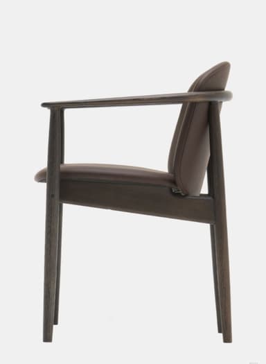 A wooden armchair with a curved backrest and a padded seat. The frame is made of dark-stained wood, featuring slender, tapered legs and curved armrests that flow into the back supports. The seat and backrest are upholstered in a dark brown material, likely leather or faux leather, with a smooth finish. — 3D model