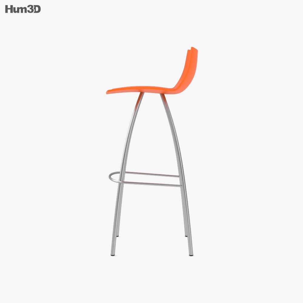 A modern bar stool with a curved, bright orange seat and backrest. The seat has a sleek, ergonomic design. It is supported by a slender, silver-toned metal frame that curves inward and tapers towards the floor. A U-shaped footrest is integrated into the frame between the legs. — 3D model