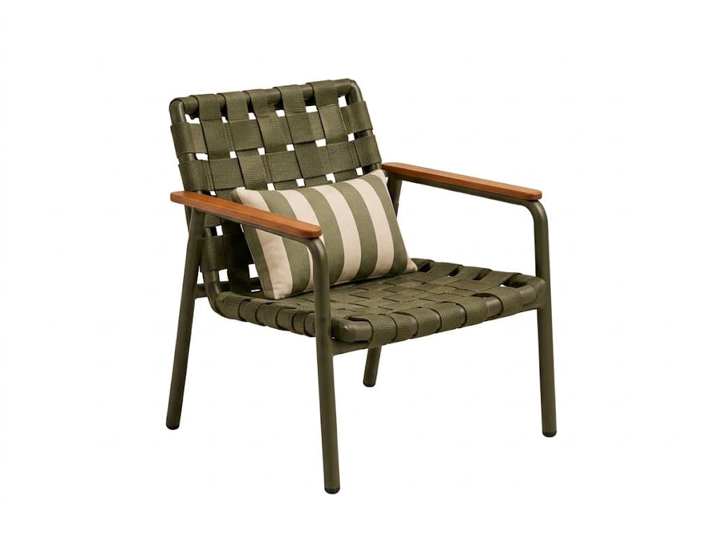 An outdoor lounge armchair featuring a sturdy olive green powder-coated metal frame. The seat and backrest are constructed from broad, interwoven olive green synthetic straps, providing a comfortable and breathable surface. The armrests are adorned with smooth, light-colored wooden overlays, offering a warm contrast. An accent lumbar pillow with green and off-white stripes is included, resting on the chair's back. — 3D model