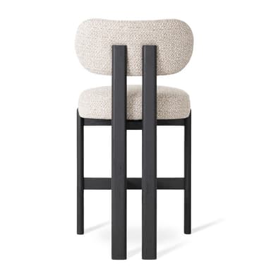 A modern dining chair featuring a dark-stained wooden frame and light-colored, textured fabric upholstery. The chair has a square, padded seat and a small, rounded backrest. The frame consists of four sturdy, rectangular legs connected by stretchers, providing a robust and minimalist silhouette. — 3D model