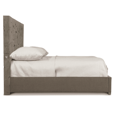 A king-size bed with a distinctive headboard featuring a mosaic of wood slices with visible grain patterns and cracks, giving it a natural, rustic aesthetic. The bed frame is upholstered in a textured, dark grey fabric. Two white pillows and white bedding are present on the mattress. — 3D model