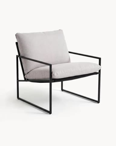 A contemporary armchair with a minimalist design. It features a thin, dark metal frame that forms the base, legs, and armrests. The seat and back are upholstered with thick, light grey cushions. — 3D model