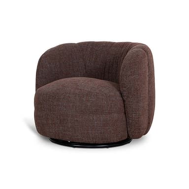 A contemporary upholstered swivel barrel chair featuring a rounded silhouette and a plush, textured fabric in a heathered brown and maroon color. The chair sits on a concealed dark swivel base. — 3D model