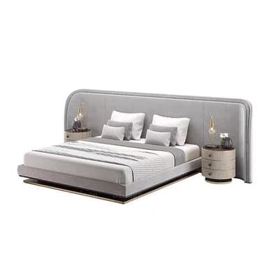 A modern gray upholstered platform bed featuring a wide, curved headboard with seamlessly integrated cylindrical nightstands on either side. The bed includes a mattress, pillows, and a throw blanket. Each nightstand is topped with a table lamp and small decorative items. — 3D model