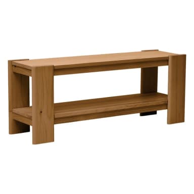 A two-tiered end table constructed from wood. The table features a simple, minimalist design with clean lines. The top surface and the lower shelf are flat and rectangular. The legs are cylindrical and extend vertically from the base to support the top. The construction appears to be solid wood, possibly oak, with a natural finish highlighting the wood grain. The joints are visible and appear to be well-crafted. — 3D model
