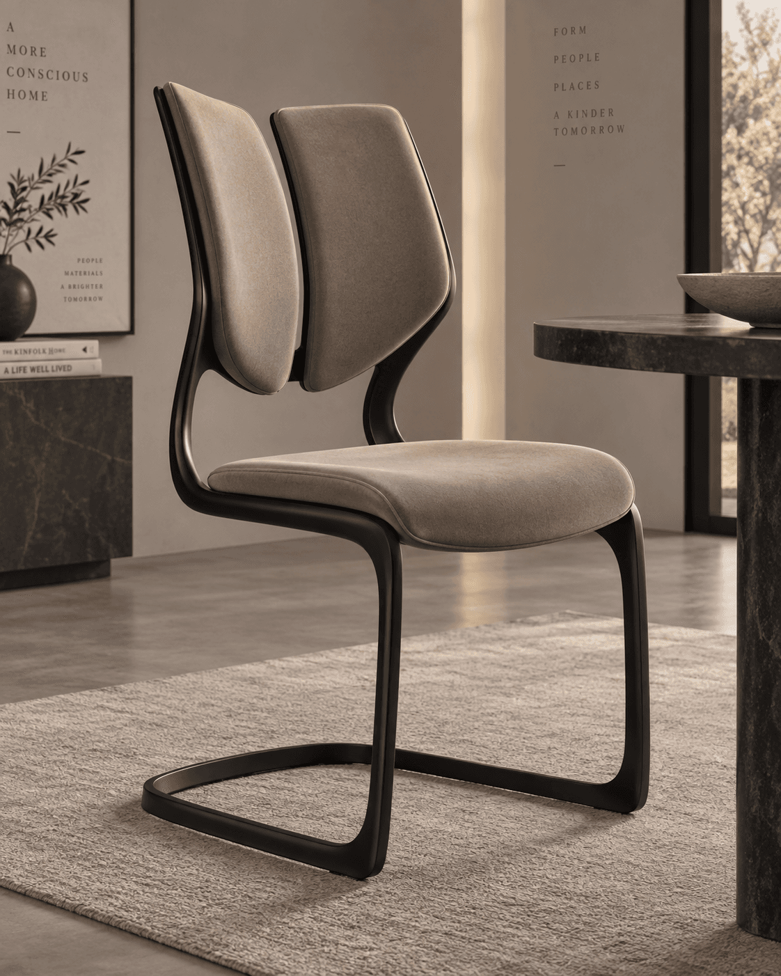 An armless modern dining chair featuring a cantilever base, upholstered seat, and a distinctive split backrest design. The frame is a dark, possibly black, metal, providing a sleek contrast to the light beige fabric. — 3D model
