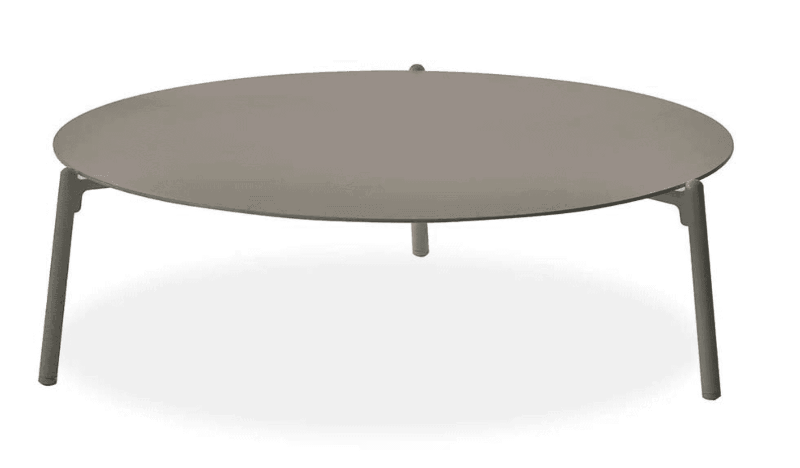 A minimalist round coffee table featuring a flat, circular tabletop supported by slender, angled metal legs. The entire piece is finished in a uniform matte grey or taupe color, contributing to its sleek, monochromatic appearance. — 3D model