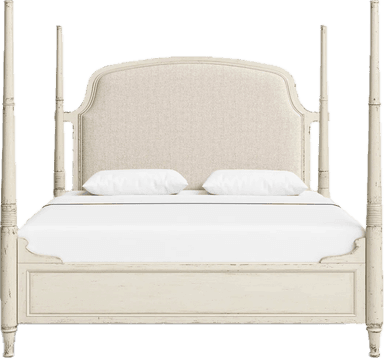 A cream-colored four-poster bed featuring an upholstered headboard and a distressed finish. The bed frame includes four tall, turned posts and a low footboard with a gently scrolled design. The headboard is rectangular with a subtly curved top, upholstered in a light, textured fabric. The overall aesthetic suggests a blend of traditional and shabby chic styles. — 3D model