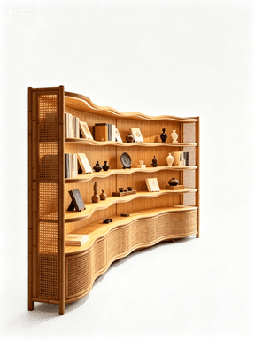 A large, freestanding bookshelf featuring a distinctive curved, wave-like design. It is constructed primarily from light-colored bamboo or a similar wood, with extensive use of woven cane panels on the ends and lower sections. The unit provides multiple open shelves that follow its undulating form, displaying books and various decorative objects. The overall aesthetic is organic and modern, emphasizing natural materials and fluid lines. — 3D model