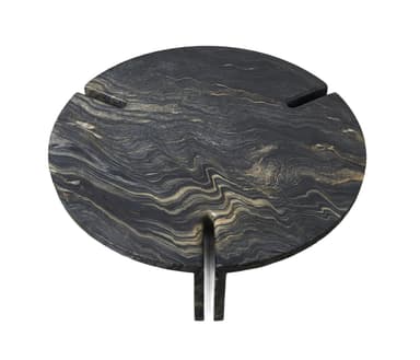 A circular side table crafted entirely from a richly veined dark stone, featuring intricate patterns of black, grey, gold, and brown. The tabletop has three radial cutouts, one of which extends downwards to form an integrated two-legged base structure, giving the piece a monolithic and sculptural appearance. — 3D model