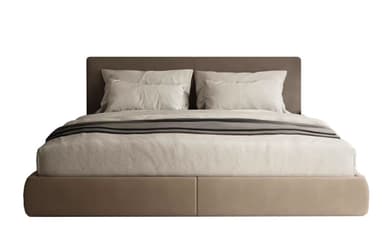 A modern upholstered platform bed featuring a low-profile frame and an integrated, softly padded headboard. The bed is covered in a smooth, neutral-toned fabric, possibly taupe or light brown, and is depicted with light-colored bedding and a dark gray throw blanket. — 3D model