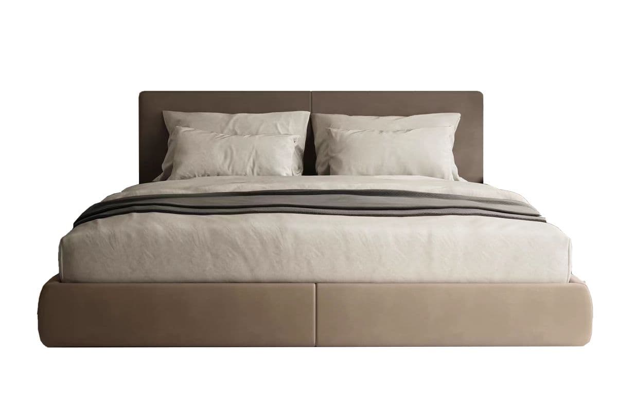 A modern upholstered platform bed featuring a low-profile frame and an integrated, softly padded headboard. The bed is covered in a smooth, neutral-toned fabric, possibly taupe or light brown, and is depicted with light-colored bedding and a dark gray throw blanket. — 3D model