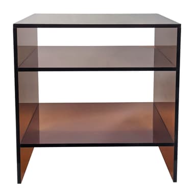 A square, cube-shaped open shelving unit constructed from translucent acrylic. It features a three-tier design with a visually striking ombre color gradient that transitions from a vibrant amber or yellow-orange at the top and edges to a deeper reddish-brown or burgundy towards the bottom and center, creating a dynamic visual effect. The top surface appears as a darker, smoky tone. The minimalist form factor allows for versatile display and storage. — 3D model