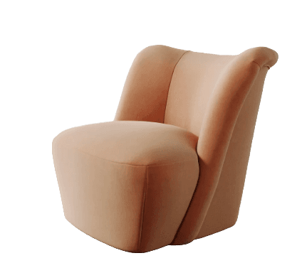 A modern armless lounge chair, fully upholstered in a soft, peach-colored fabric, possibly velvet. The chair features a low profile with a wide, generously padded seat and a curved backrest that subtly rolls outwards at the top and wraps around, creating integrated armrest-like forms. Its base is fully covered, giving it a monolithic and sculptural appearance, characteristic of contemporary design. — 3D model