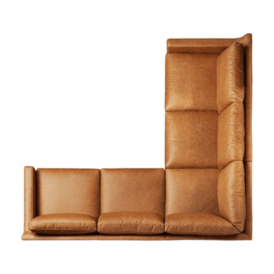 An L-shaped sectional sofa upholstered in tan or cognac-colored leather, featuring multiple seat and back cushions and supported by dark-finished, tapered wooden legs. — 3D model