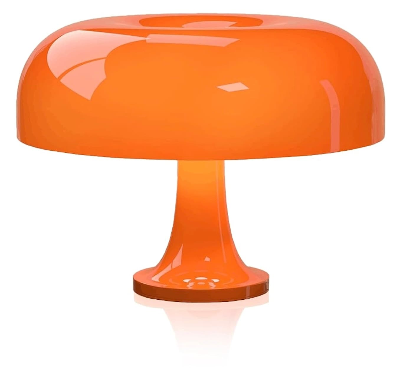 An orange, translucent table lamp featuring a distinctive mushroom-shaped shade and a flared stem base. The lamp is constructed from a glossy, possibly plastic or acrylic material, which allows light to diffuse evenly through its structure. The base has a circular foot, and the entire lamp exhibits a uniform, vibrant orange hue. The design is characteristic of mid-century modern or Space Age aesthetics. — 3D model