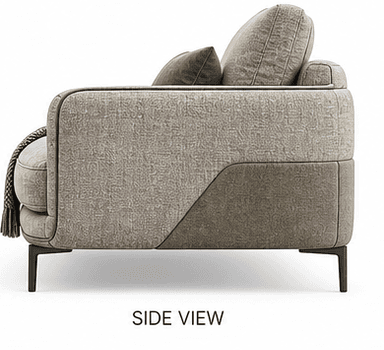 A contemporary three-seater sofa, viewed from the back. It features a neutral-toned fabric upholstery with distinct vertical panel stitching on the lower backrest and a contrasting central panel. The sofa has three individual back cushions and rests on sleek, dark-finished metal legs, indicating a modern aesthetic. — 3D model