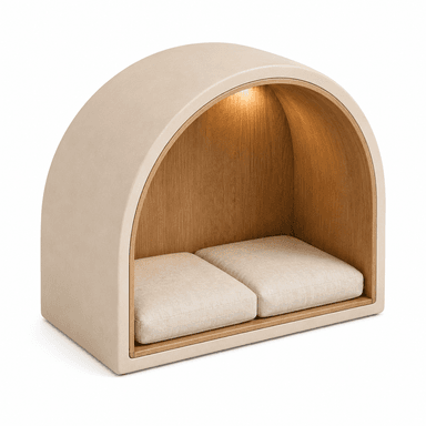 A modern, arched privacy seating pod featuring a light-colored upholstered exterior, a natural wood interior, and two upholstered seat cushions, complete with integrated lighting. — 3D model