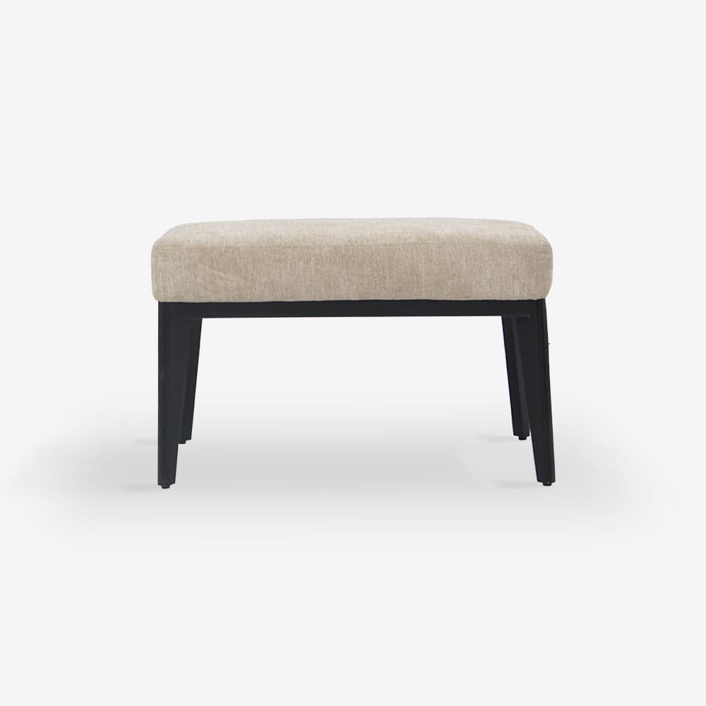 A modern rectangular upholstered bench featuring a light beige fabric cushion atop a dark, likely wooden, frame with four tapered legs. The design is simple and minimalist. — 3D model