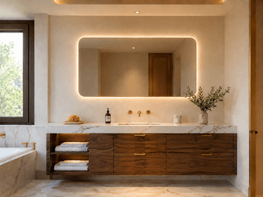A modern, wall-mounted floating bathroom vanity set featuring dark walnut wood cabinetry, a white marble countertop with an integrated trough sink, and gold-finished brass hardware. Above the vanity is a sleek, rectangular mirror with integrated LED backlighting. The vanity cabinet includes a combination of drawers and open shelving for storage. Two wall-mounted brass faucets are positioned over the sink. — 3D model