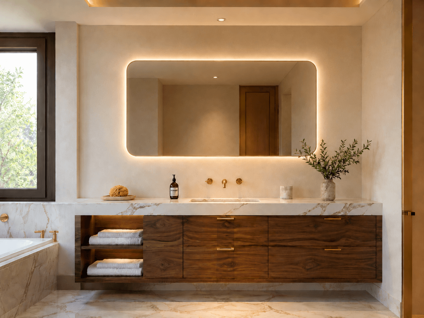 A modern, wall-mounted floating bathroom vanity set featuring dark walnut wood cabinetry, a white marble countertop with an integrated trough sink, and gold-finished brass hardware. Above the vanity is a sleek, rectangular mirror with integrated LED backlighting. The vanity cabinet includes a combination of drawers and open shelving for storage. Two wall-mounted brass faucets are positioned over the sink. — 3D model