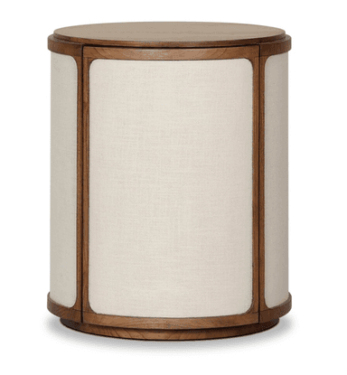 A cylindrical side table featuring a flat wooden top and a matching wooden base. The body is constructed from multiple vertical panels, each framed with wood and upholstered with a light-colored, textured fabric. — 3D model