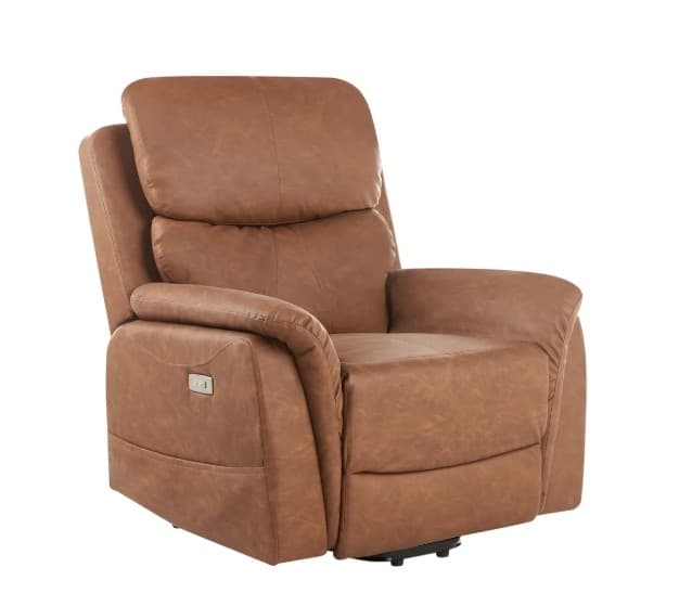 A contemporary recliner chair upholstered in a distressed brown material. It features a high back with padded headrest, overstuffed armrests, and a divided seat cushion. A control panel with buttons is visible on the right armrest, indicating electronic reclining functionality. The base appears to be a mechanical lifting mechanism. — 3D model